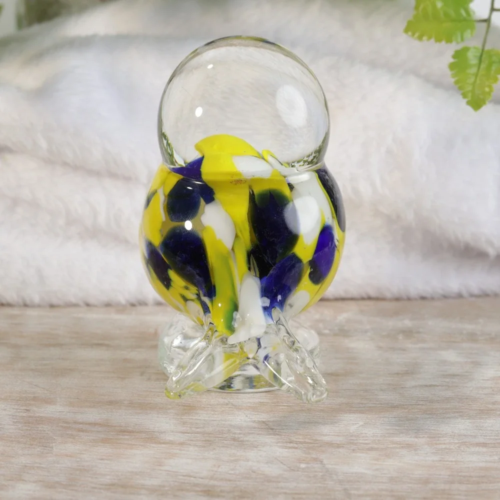 Art Glass Bird Figurine Yellow Blue White Confetti Murano Style Paperweight